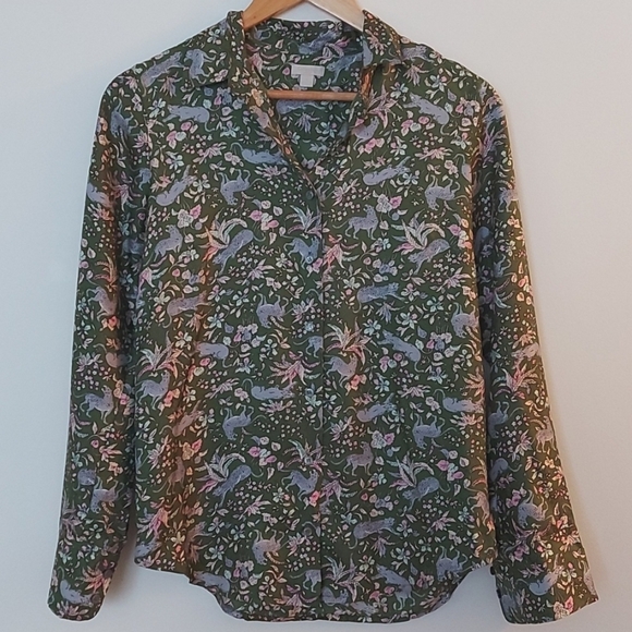 J Crew Collection 100% Silk Animal/Floral Print Button Up Blouse Size 2 - Picture 1 of 6